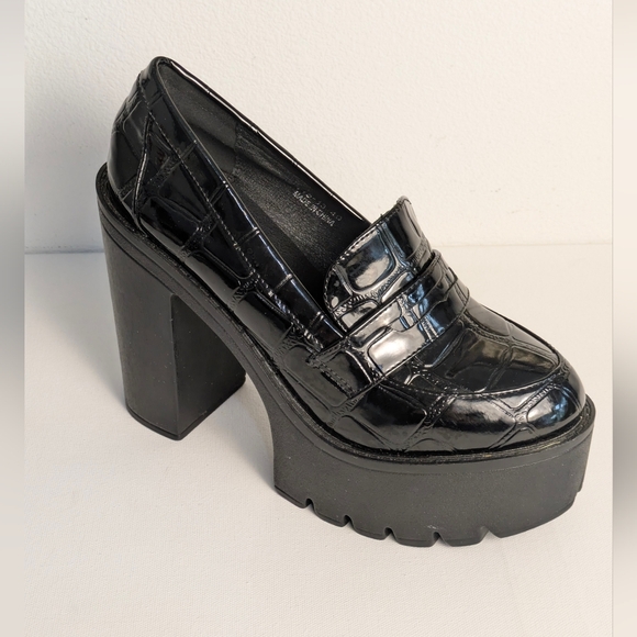 mde Shoes - MDE PLATFORM LOAFER WOMENS US 9 EU 40 BLACK FAUX CROCODILE Chunky HEELS Loafers